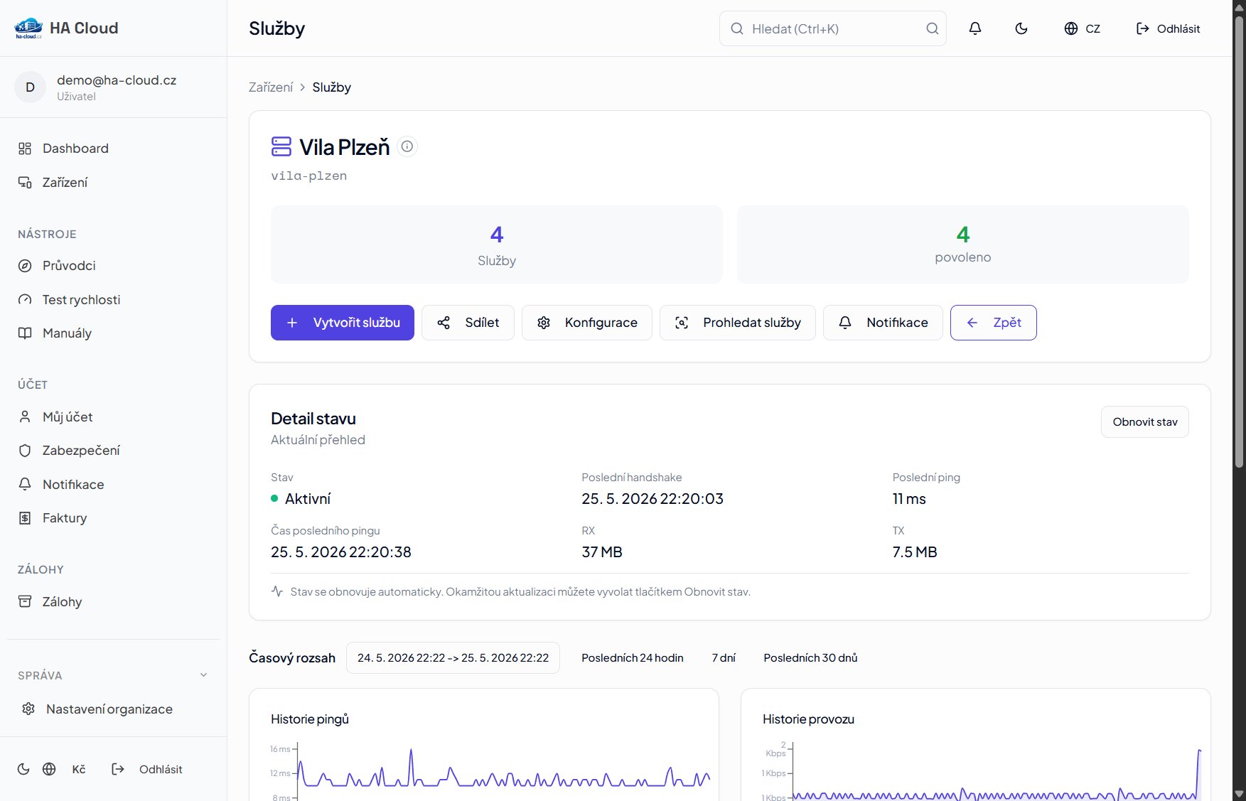 Detail jednoho klientského HA boxu s běžícími službami
